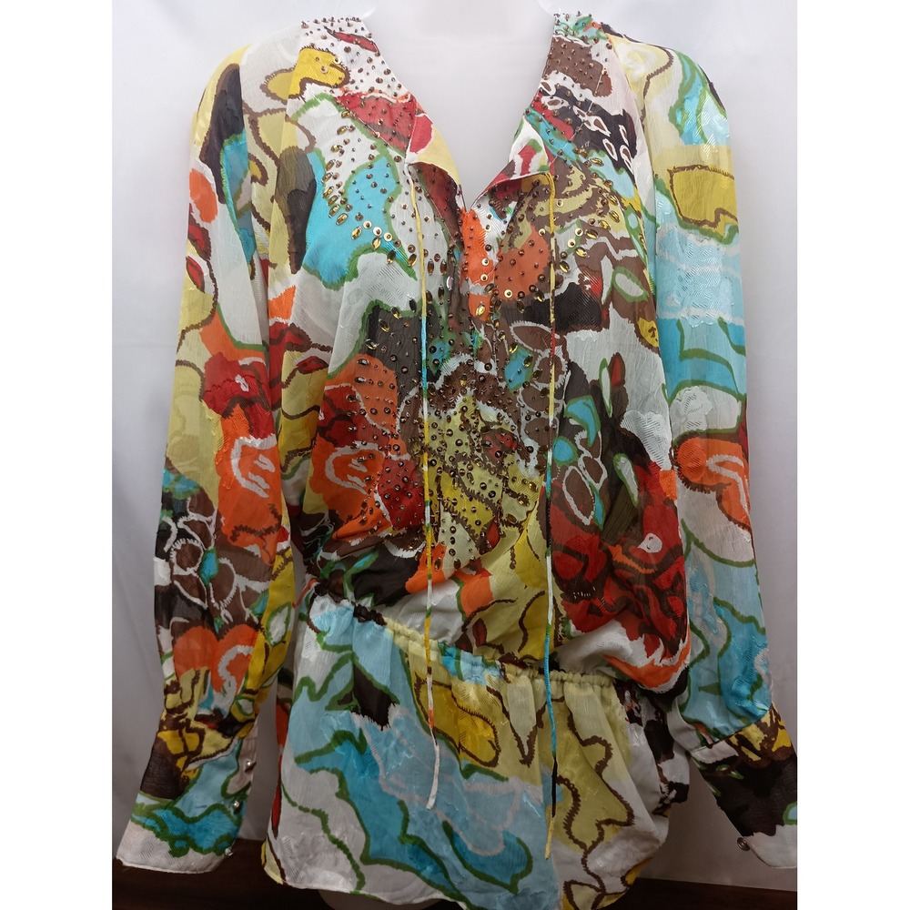 Vertigo Paris L multi colored abstract colorful studded long sleeve tunic top